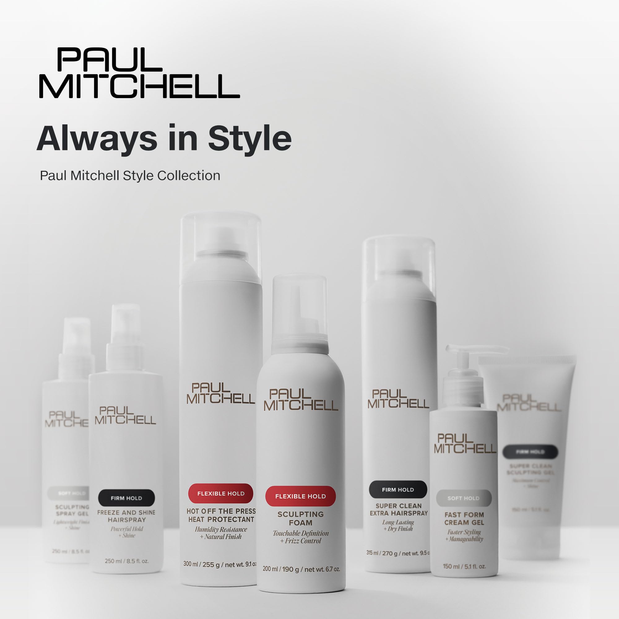 Paul Mitchell comparación de tamaño del envase 250 ml junto a mano para escala