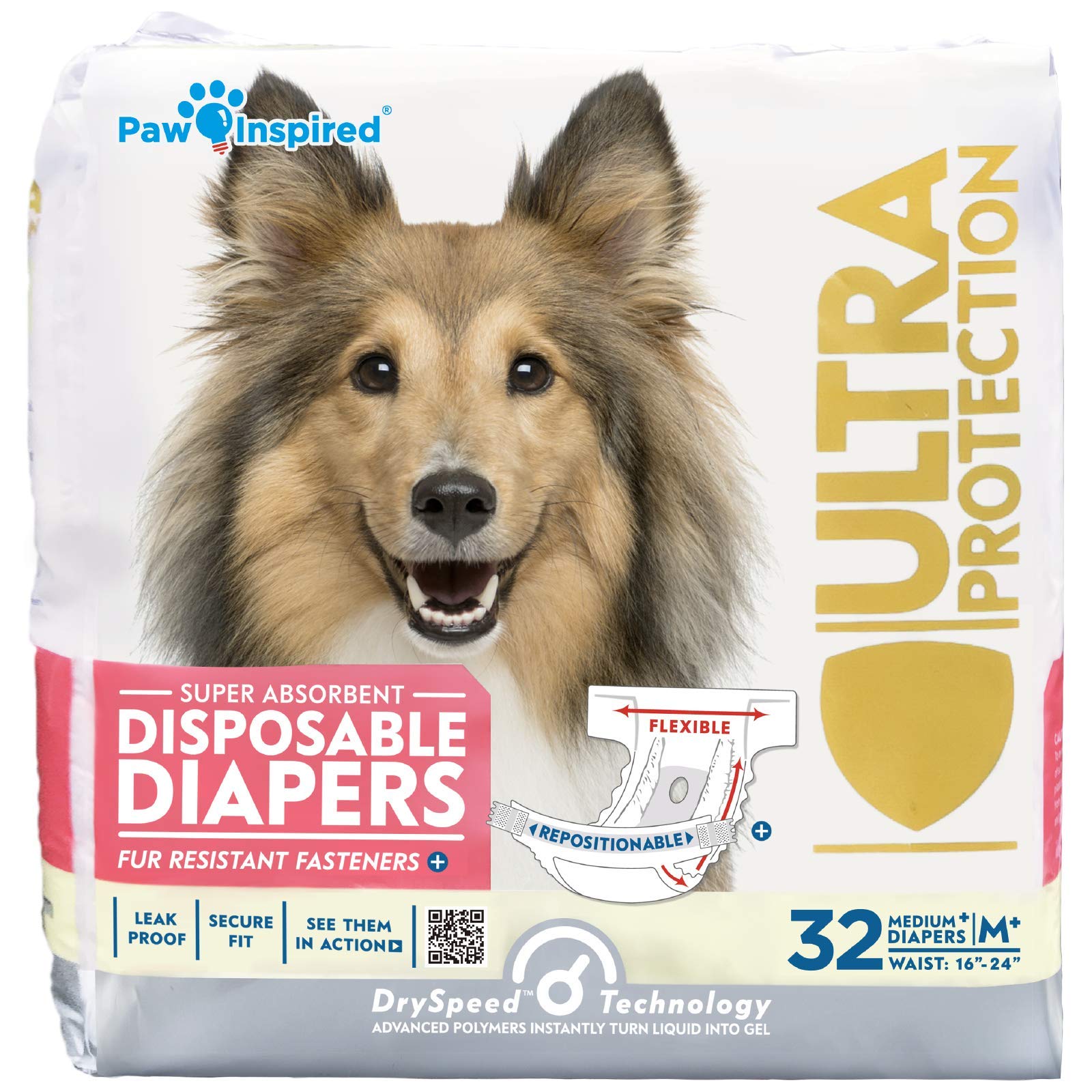 Paw Inspired front packaging showing 32-count medium plus pack and benefits