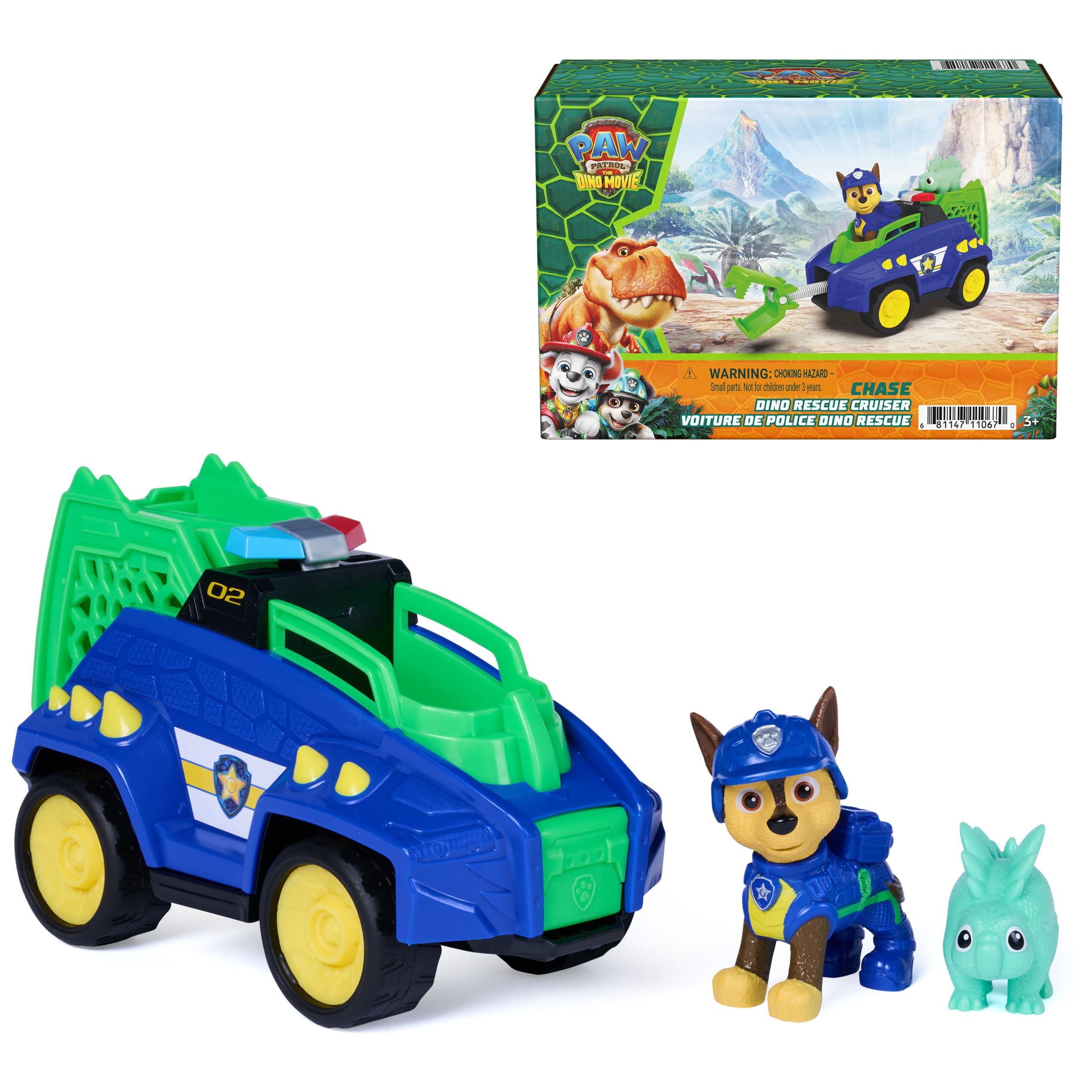 Paw Patrol Cruiser frontal mostrando diseño dino y beneficios de juego imaginativo