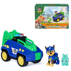 Paw Patrol Cruiser frontal mostrando diseño dino y beneficios de juego imaginativo