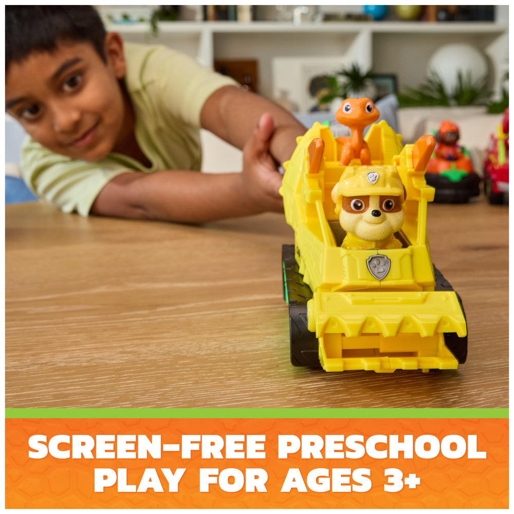 PAW Patrol bulldozer junto a una regla que muestra su escala real