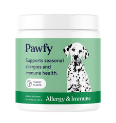 Pawfy envase frontal del producto mostrando 30 masticables y beneficios principales