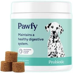 Pawfy vista frontal del envase y pot con chews, práctico y apetecible