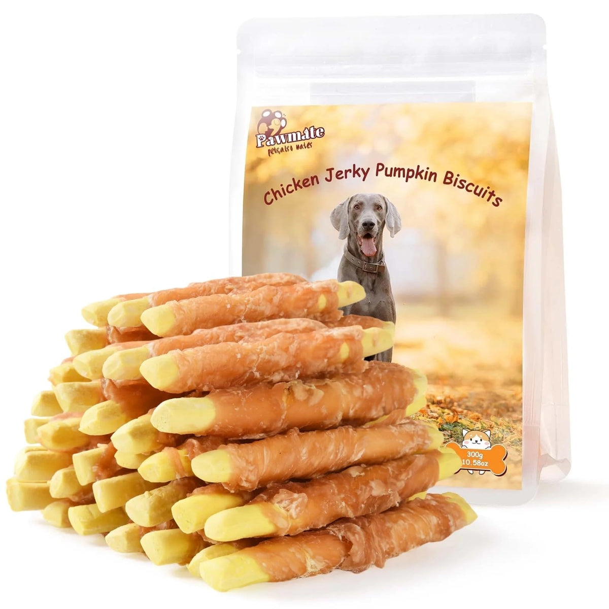 Pawmate paquete frontal mostrando golosinas de pollo y calabaza, práctico y resellable