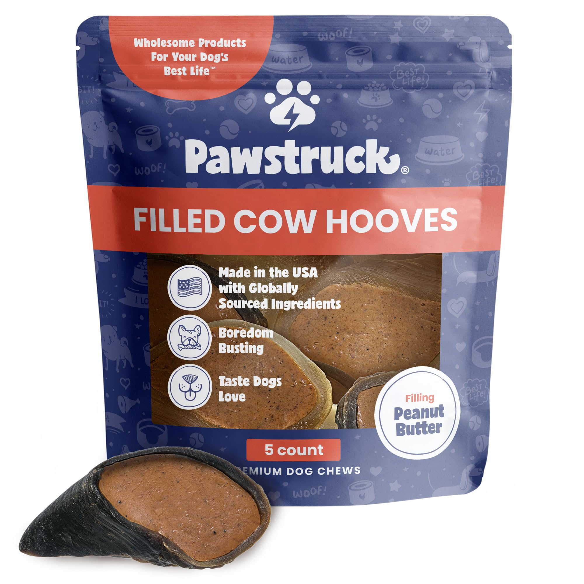 Pawstruck empaque frontal mostrando 5 cascos rellenos y beneficio duradero