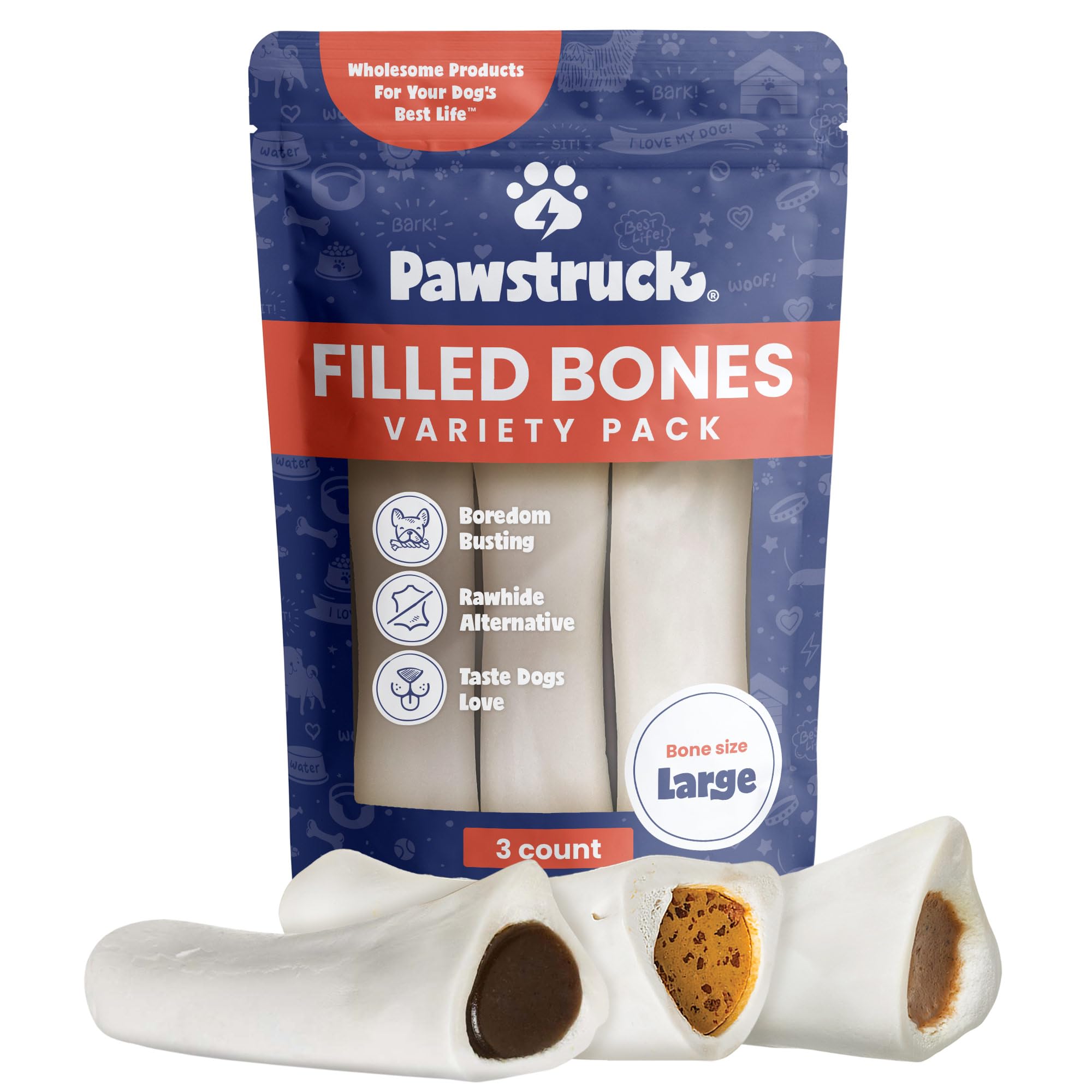 Pawstruck front packaging showing three filled bones and product branding for purchase clarity