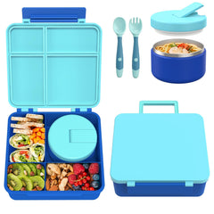 Pawtong vista frontal de la caja bento azul con cierre seguro y diseño infantil