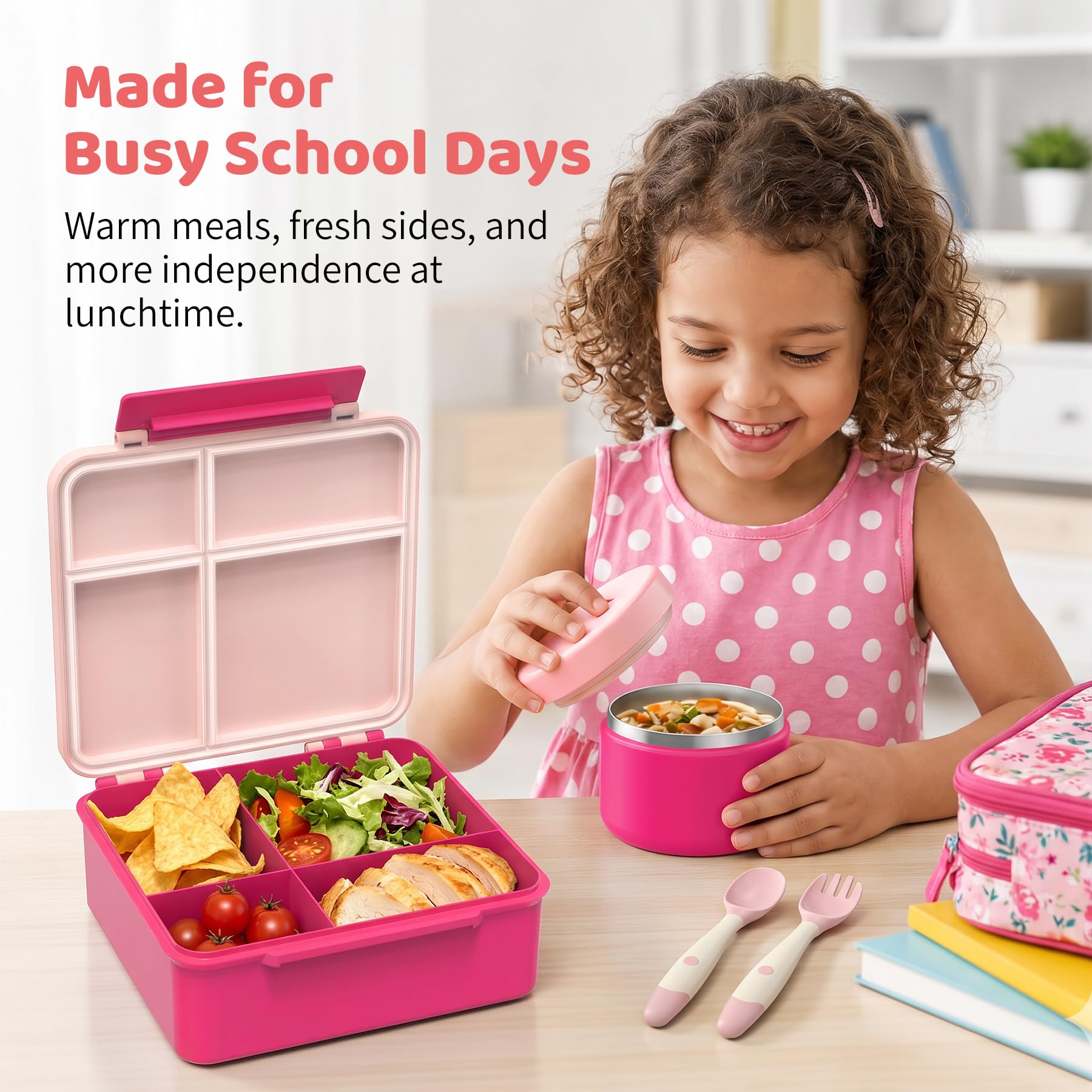 Pawtong lunch box en mochila escolar demostrando uso práctico en colegio