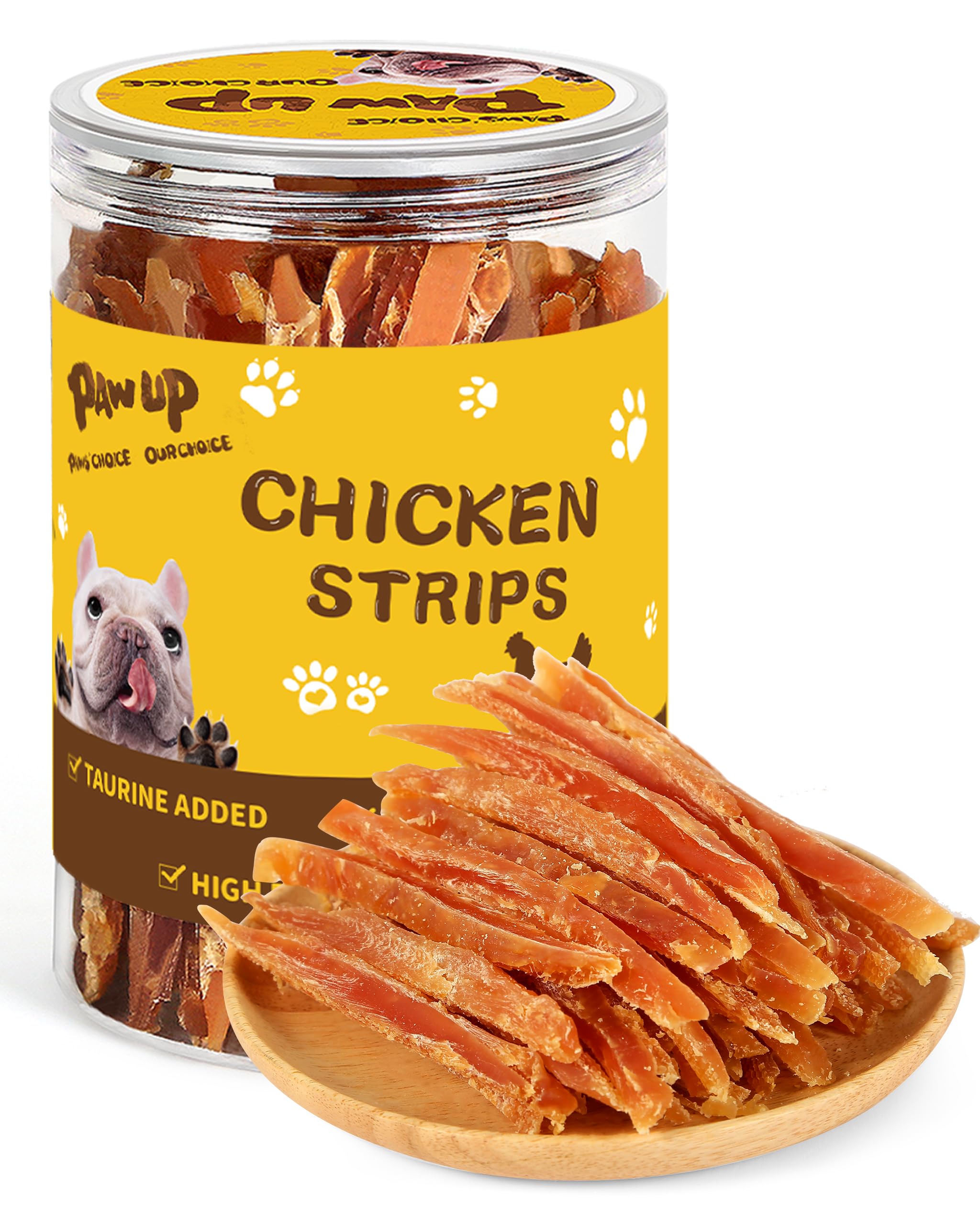 PAWUP empaque frontal mostrando tiras de pollo y beneficio de proteína