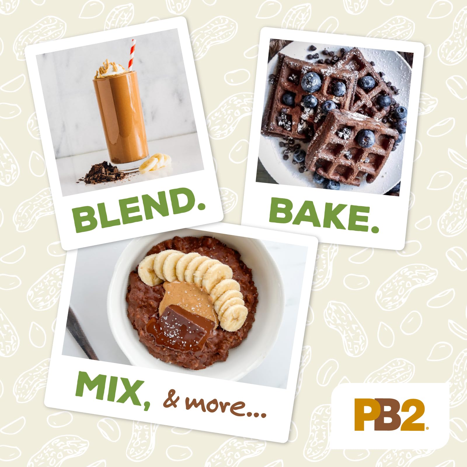 PB2 polvo en licuadora integrándose en batido alto en proteína