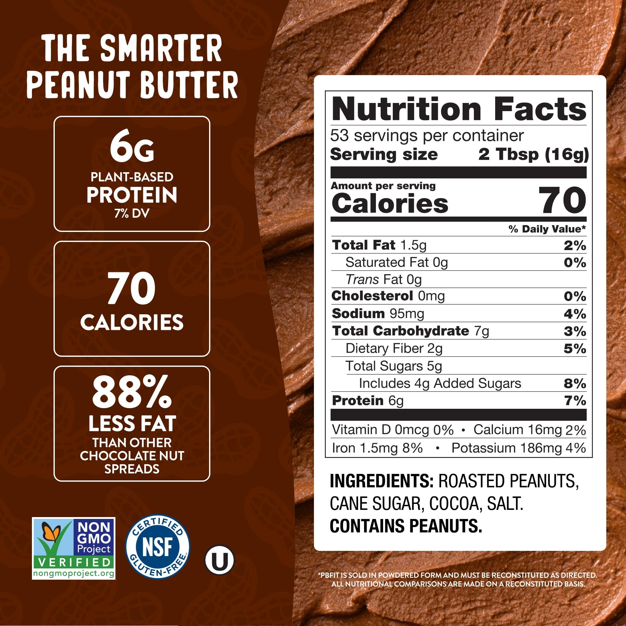 PBfit polvo fino de cacao y maní mostrando textura y mezcla fácil