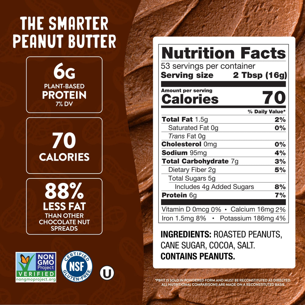 PBfit polvo fino de cacao y maní mostrando textura y mezcla fácil