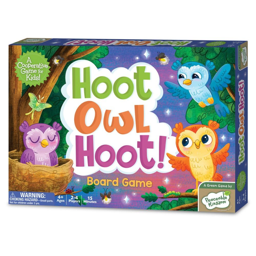 Peaceable Kingdom caja frontal del juego Hoot Owl Hoot mostrando arte atractivo y beneficio educativo