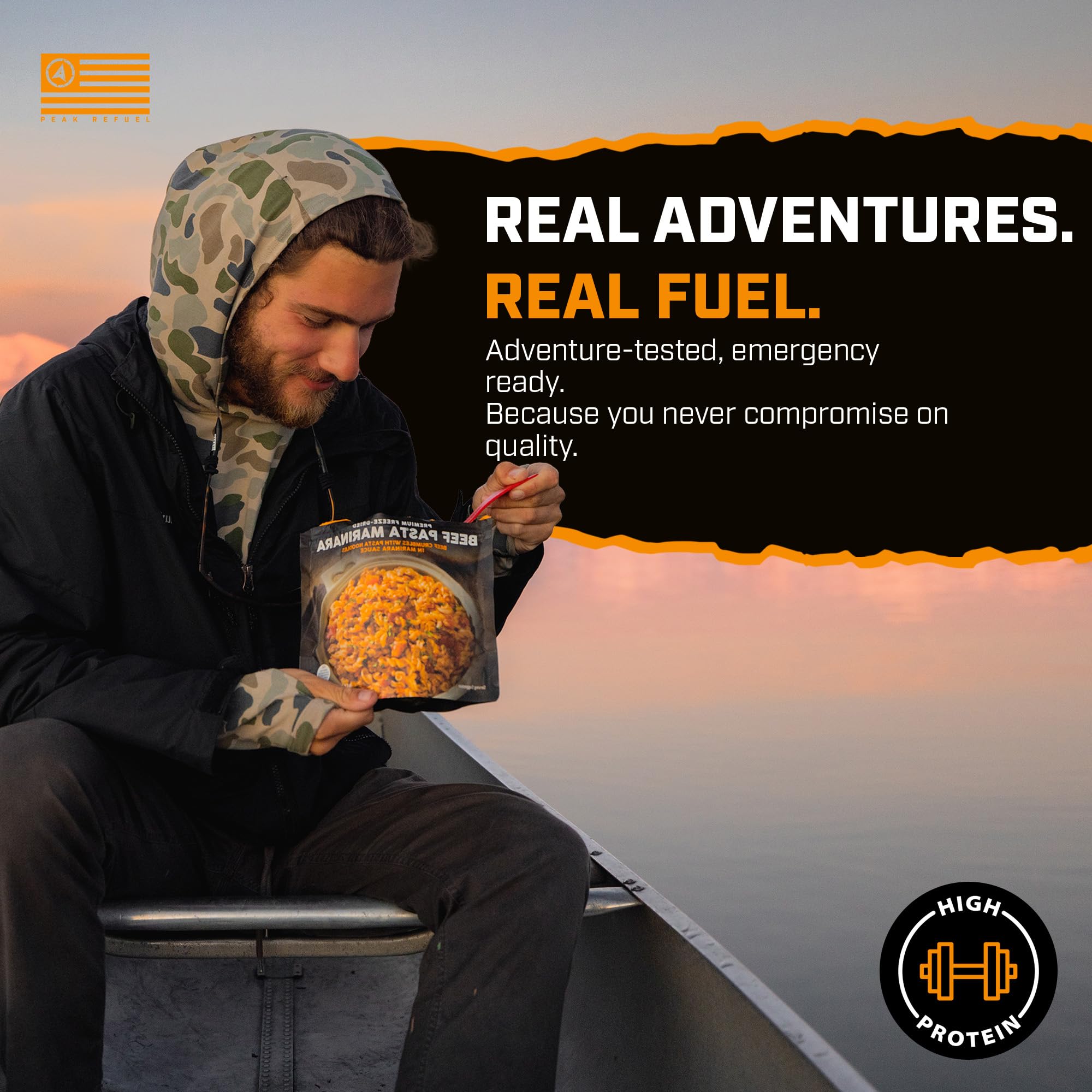 Peak Refuel envase en escenario de camping demostrando practicidad