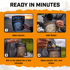 Peak Refuel pouch en mano de mochilero listo para preparar, conveniencia