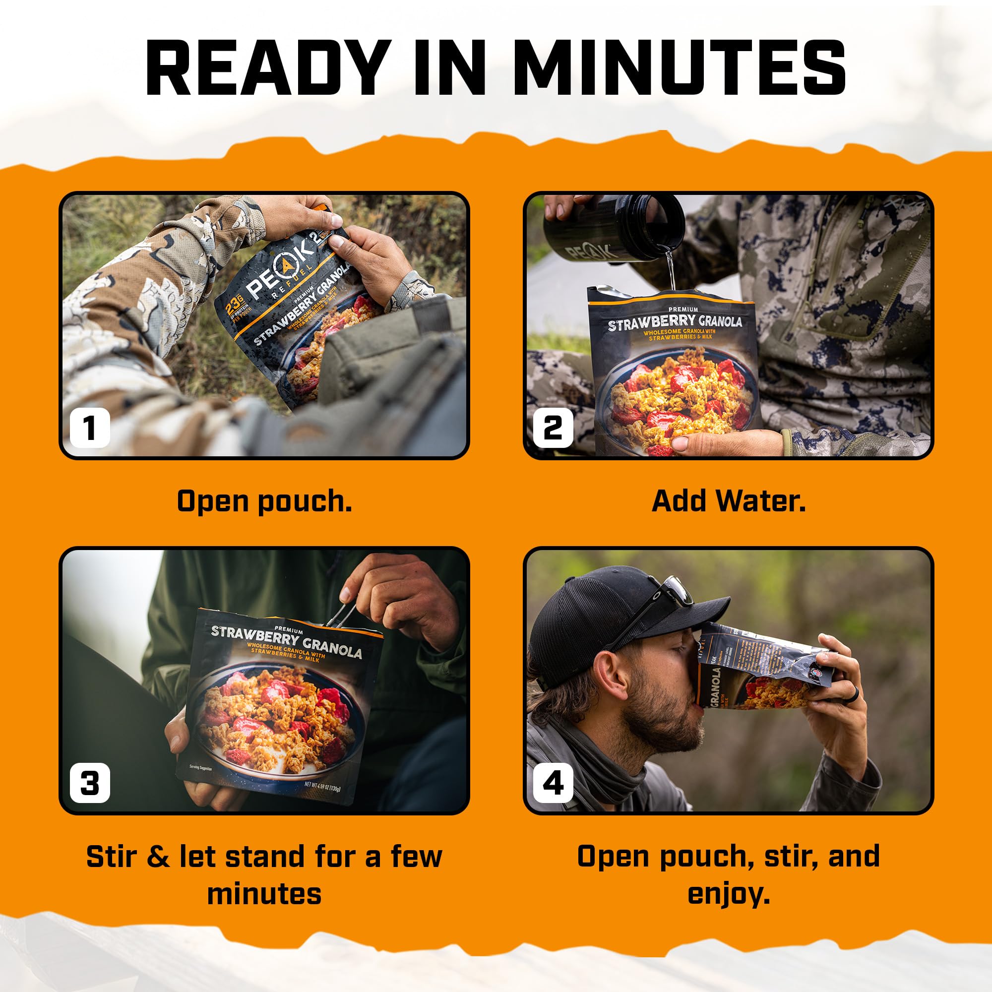 Peak Refuel contenido del pouch rehidratado listo para comer