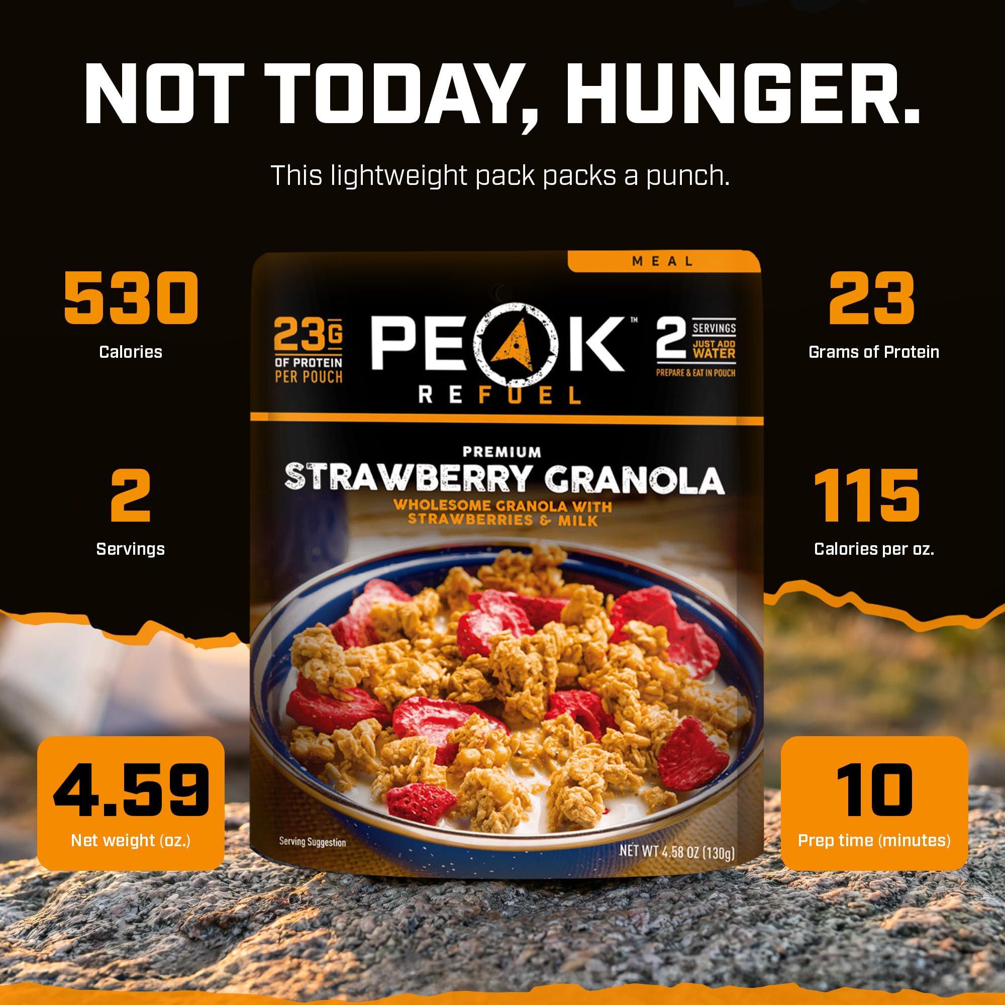 Peak Refuel pouch abierto durante camping, preparación rápida y ligera