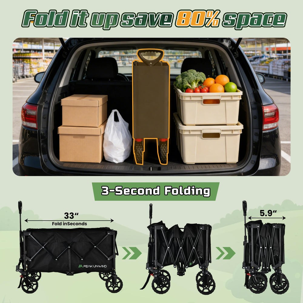 PEAKUNWIND carrito cargado con equipo de camping demostrando capacidad