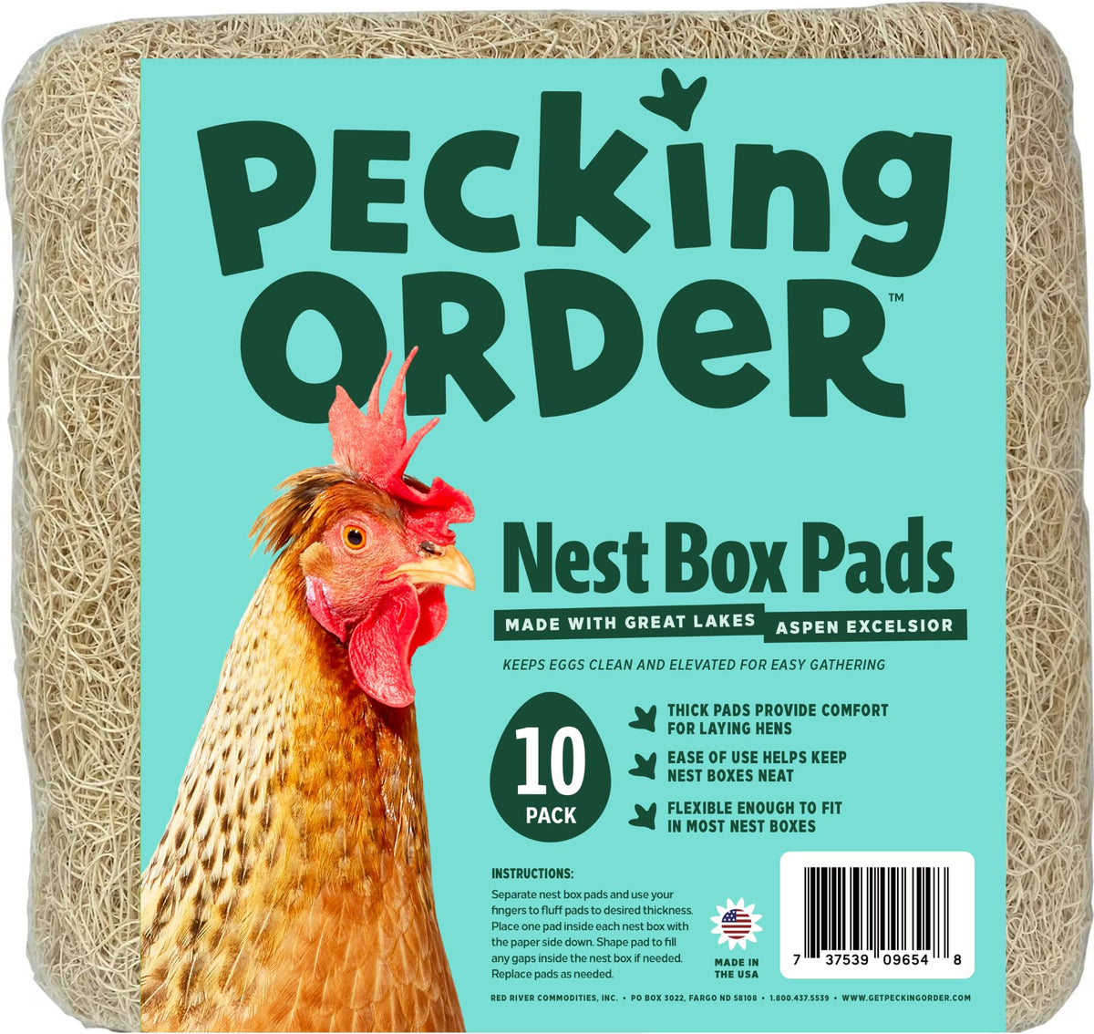 Pecking Order frente del paquete de almohadillas mostrando tamaño y cantidad, facilita reposición rápida