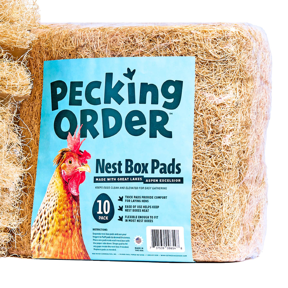 Pecking Order almohadilla colocada en caja de nido con huevo visible para recolección más fácil
