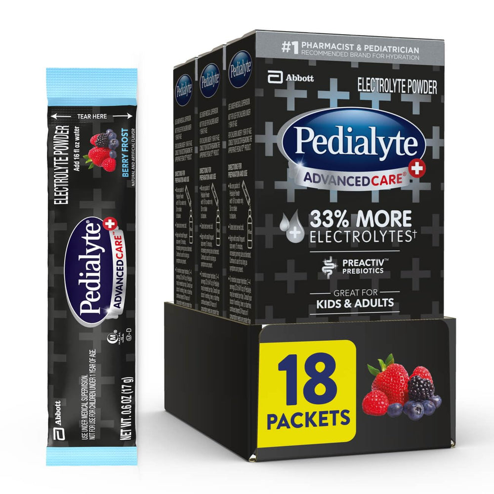 Pedialyte AdvancedCare Plus frente del paquete mostrando presentación y beneficio rápido