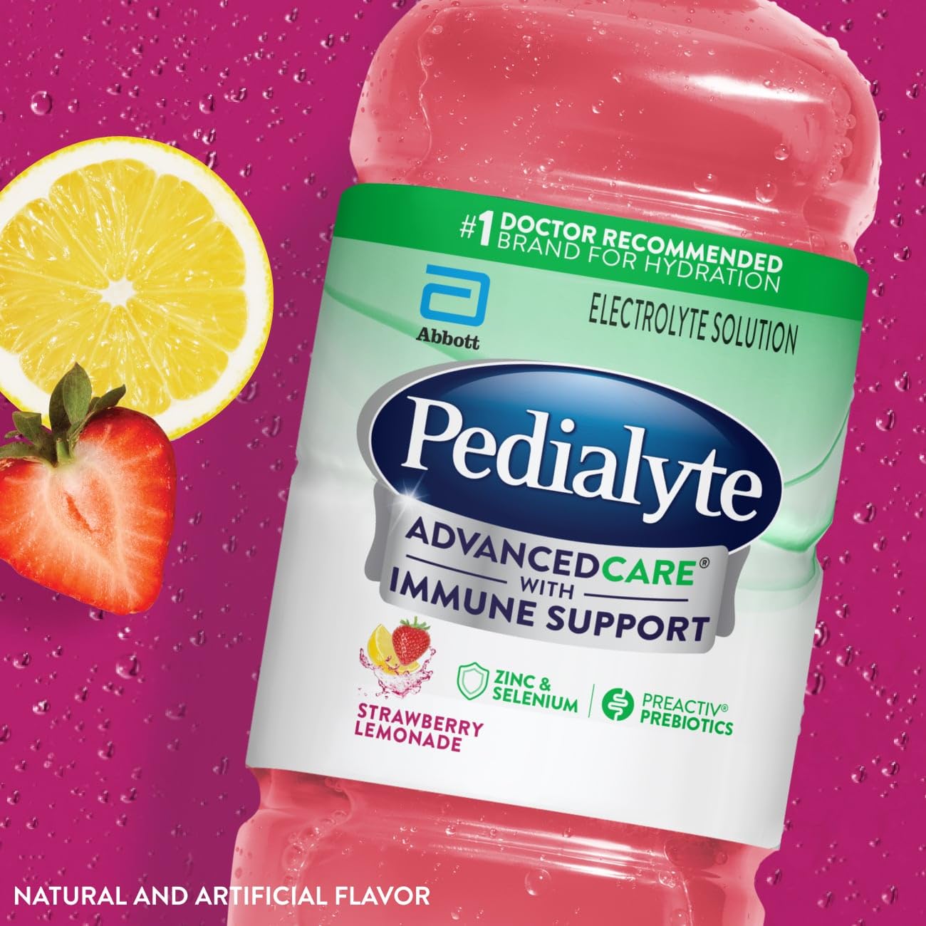 Pedialyte AdvancedCare textura rosa limón y aspecto claro refrescante