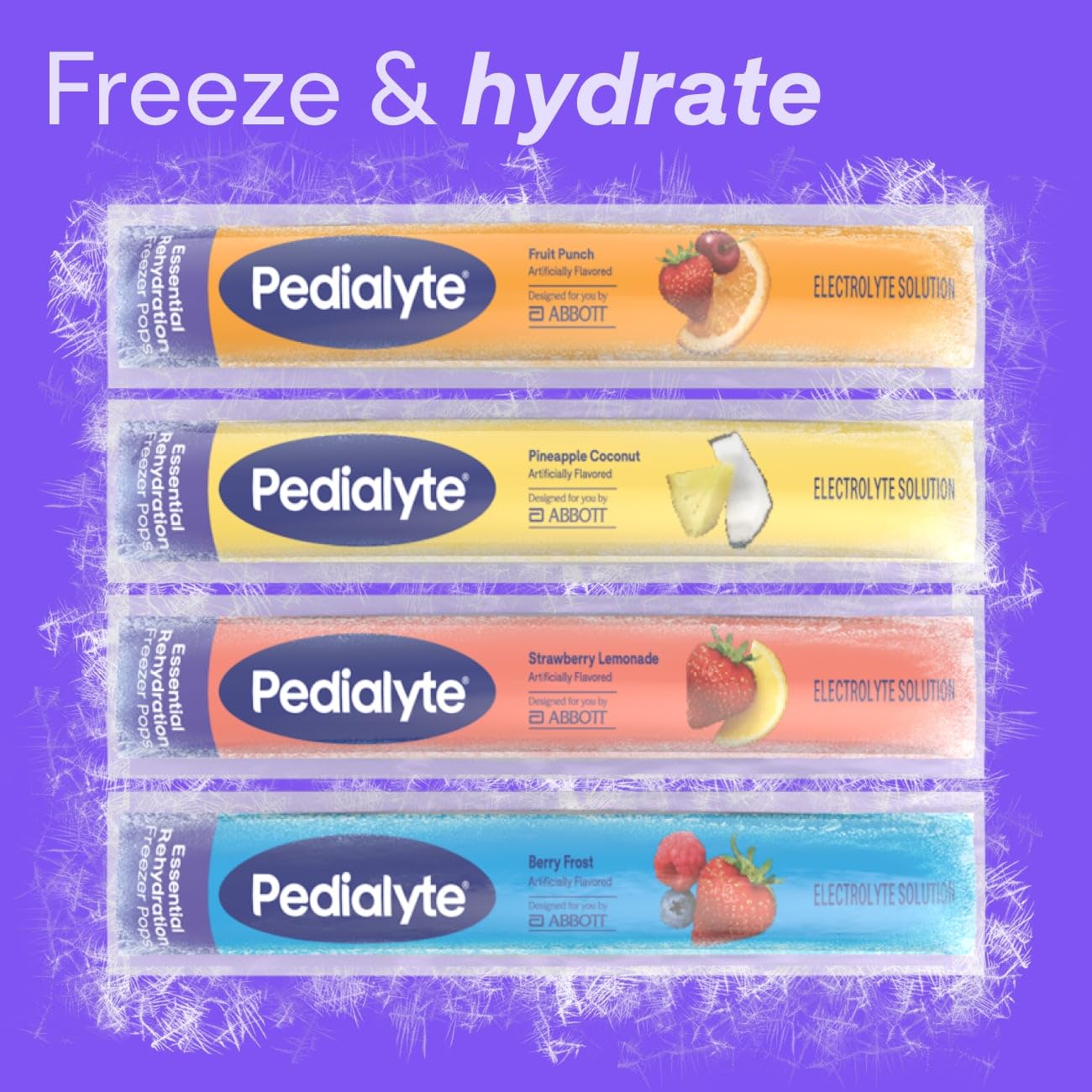 Caja abierta Pedialyte mostrando varias paletas listas para congelar y consumir