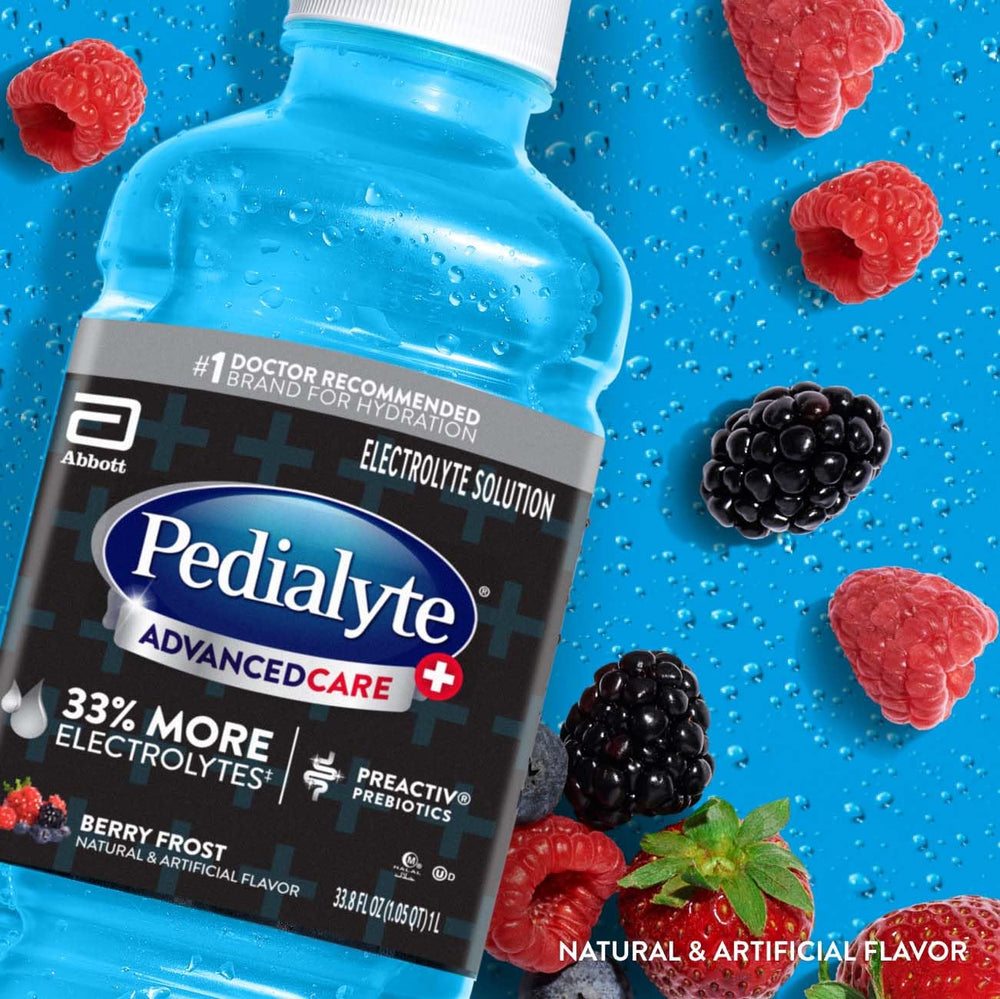 Detalle del sello y etiqueta Pedialyte AdvancedCare Plus que indica electrolitos