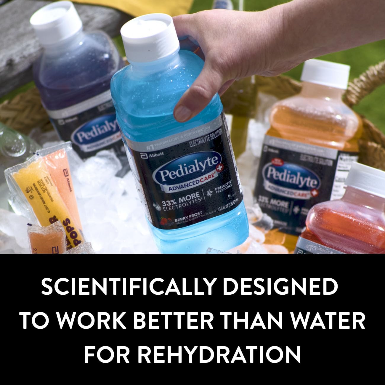 Comparación de tamaño de botella Pedialyte para verportabilidad y uso diario