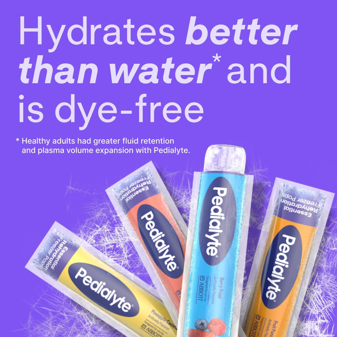 Comparación de tamaño Pedialyte paleta junto a una mano para referencia práctica