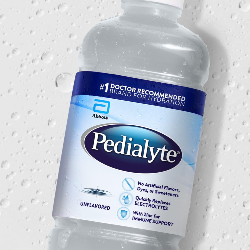 Etiqueta de Pedialyte Unflavored en primer plano resaltando ingredientes y beneficios