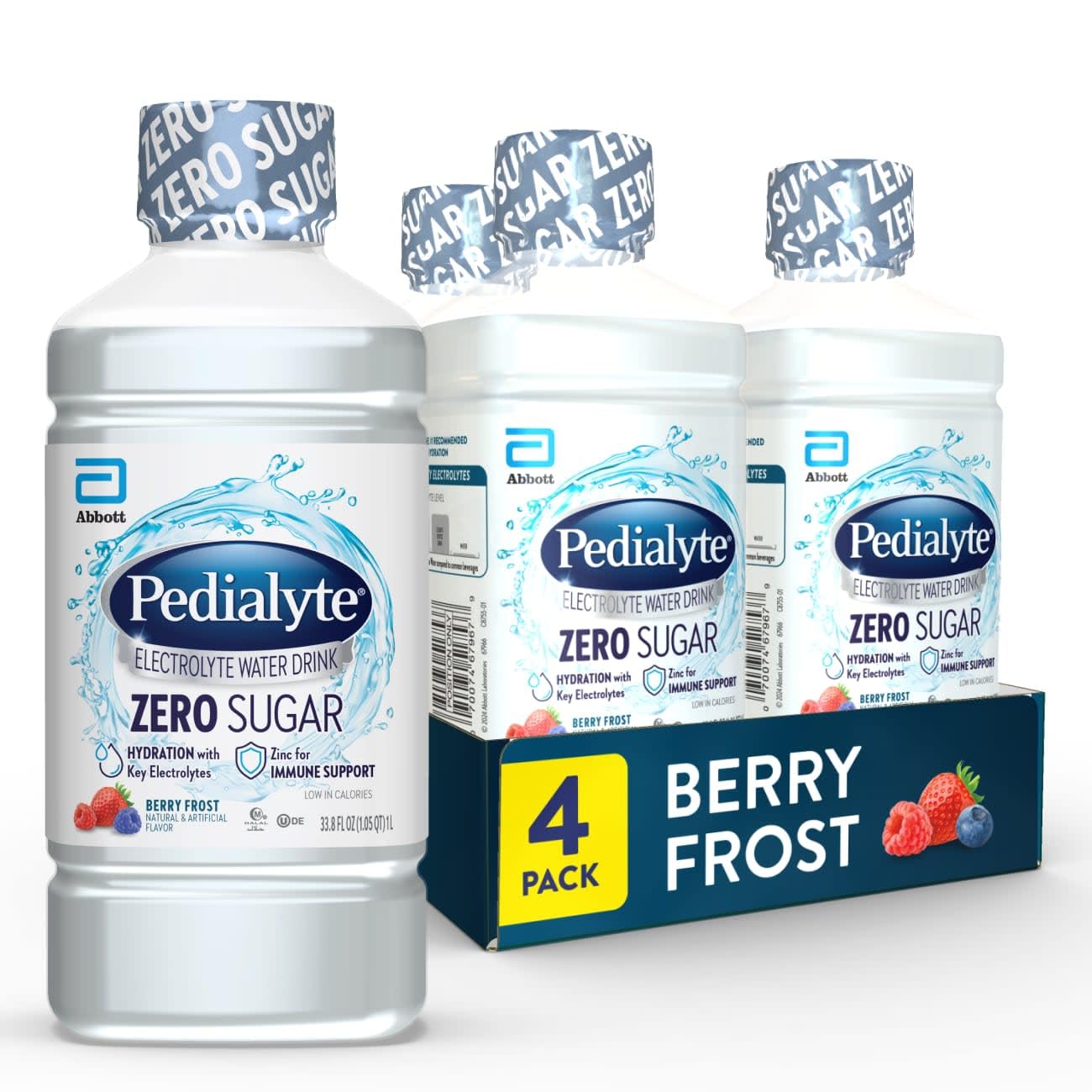 Pedialyte botella frontal Berry Frost mostrando etiqueta y sabor refrescante