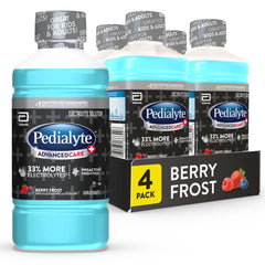 Pedialyte AdvancedCare Plus frontal mostrando empaque Berry Frost y utilidad rápida