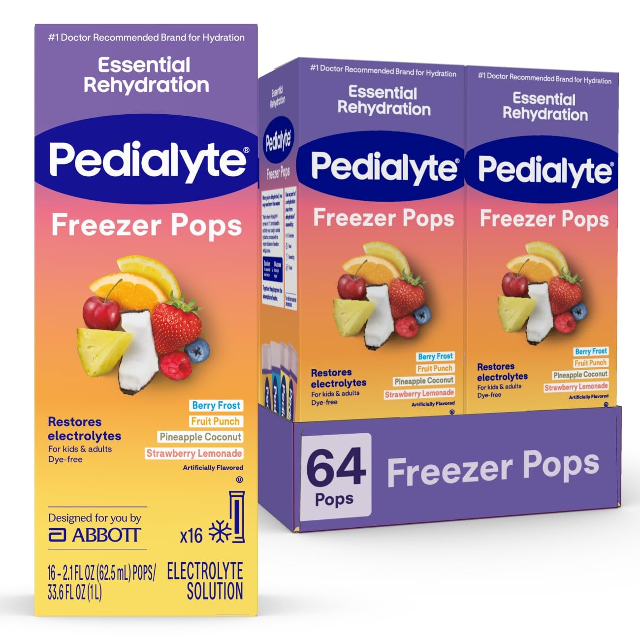 Pedialyte empaque frontal variedad mostrando sabores y beneficios de hidratación