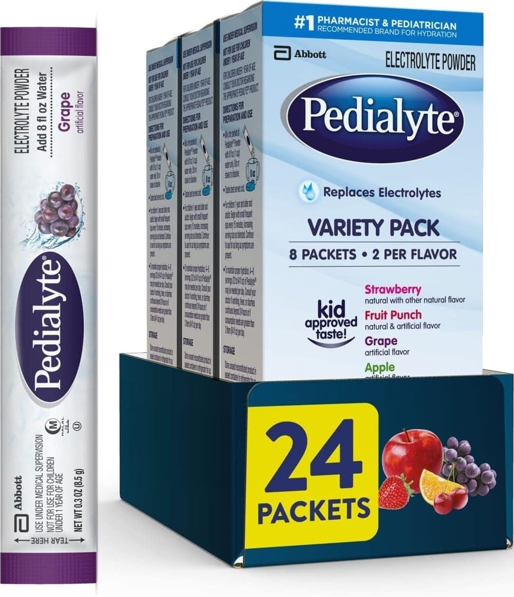 Pedialyte caja frontal variedad mostrando sobres y beneficios de rehidratación