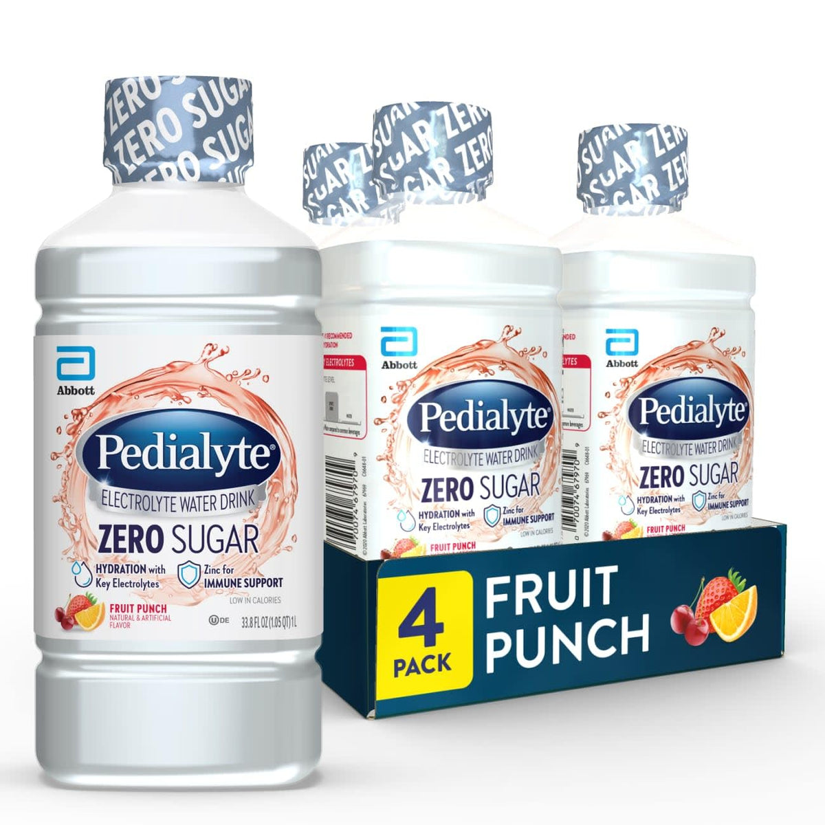 Pedialyte Fruit Punch front packaging showing bottle and branding, highlights zero sugar