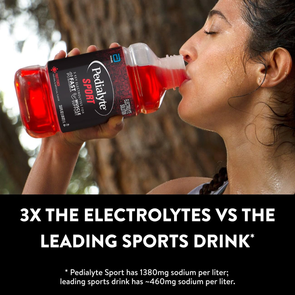 Botella Pedialyte Sport Fruit Punch abierta lista para beber y refrescarse