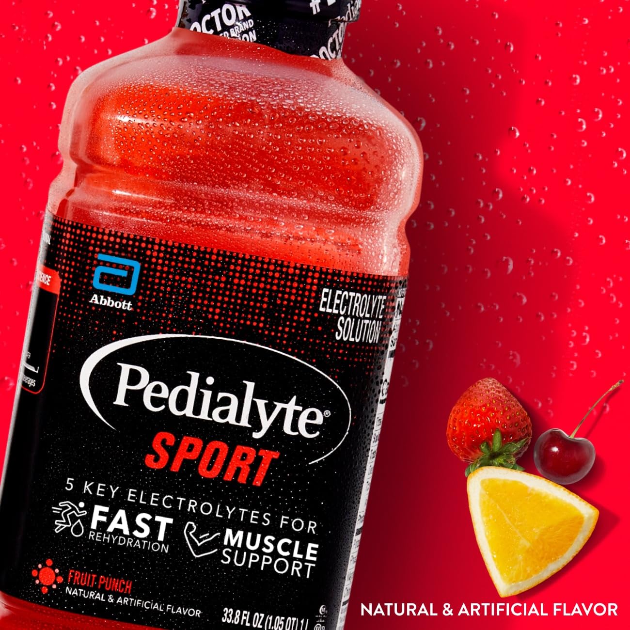 Detalle de etiqueta Pedialyte Sport con lista de electrolitos visible y beneficios