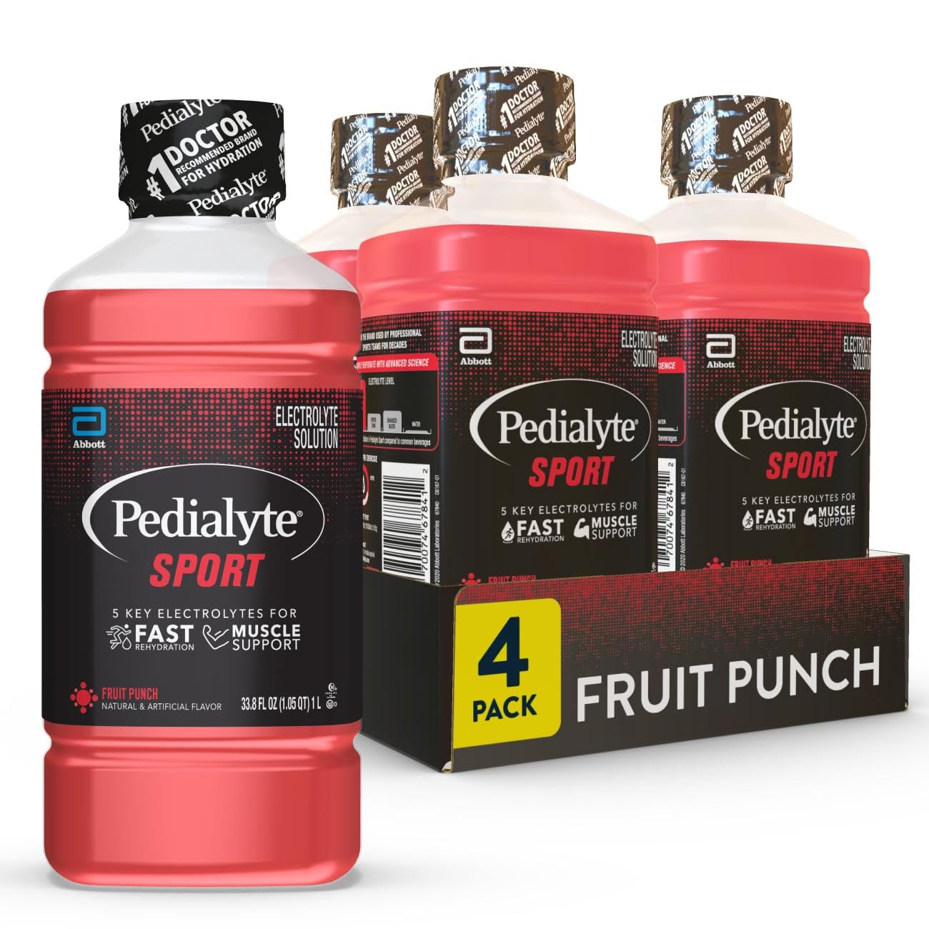 Pedialyte envase frontal Fruit Punch mostrando diseño y claridad de etiqueta
