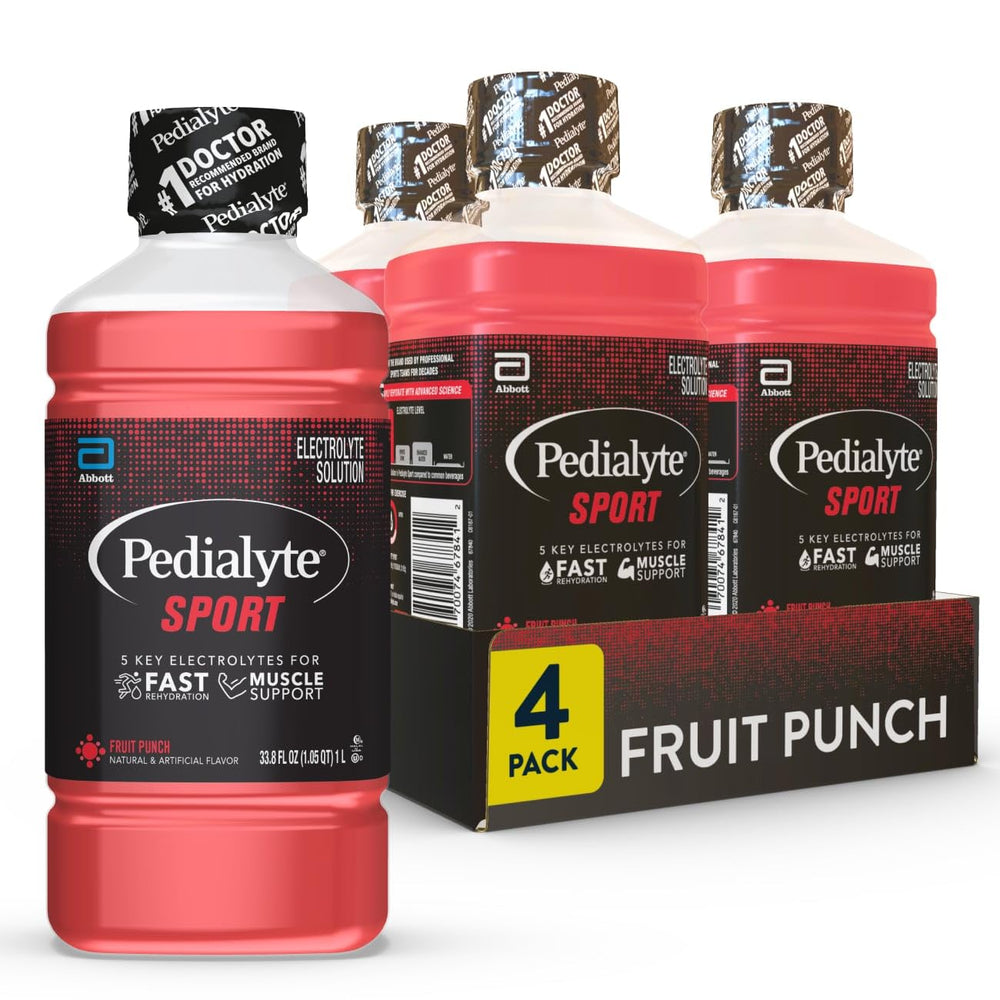 Pedialyte envase frontal Fruit Punch mostrando diseño y claridad de etiqueta