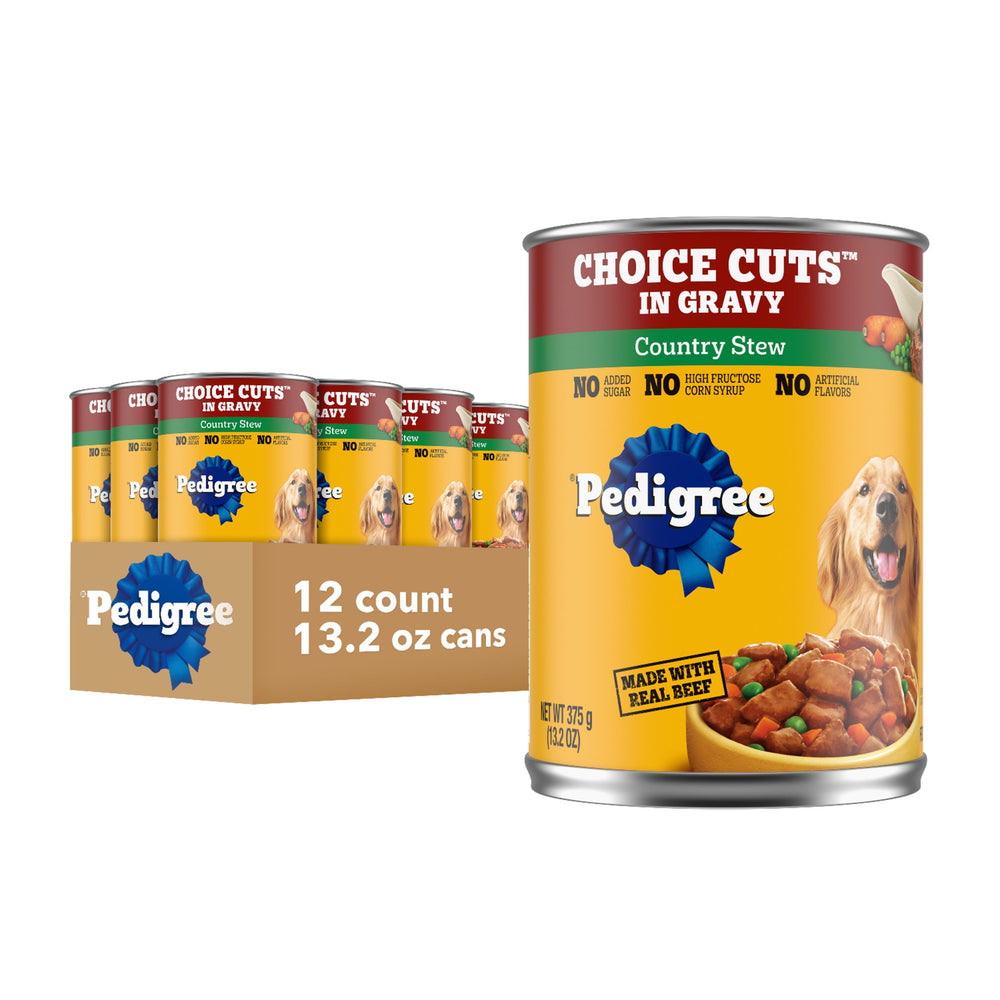 Pedigree lata frontal Country Stew mostrando presentación y conveniencia