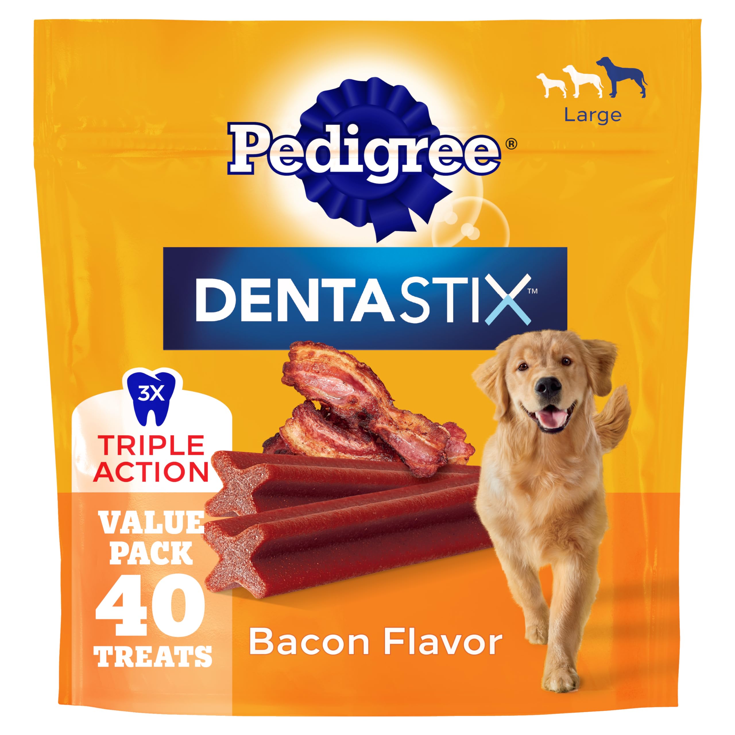 Pedigree paquete frontal mostrando 40 unidades y sabor tocino, beneficio conveniencia