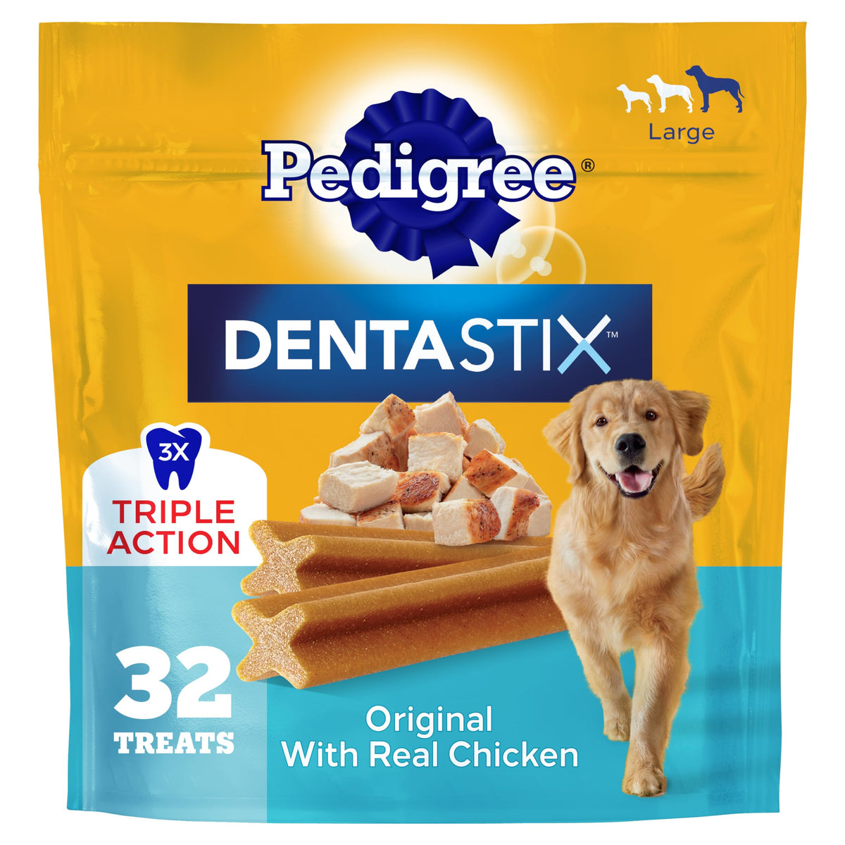 Pedigree empaque frontal mostrando 32 unidades y beneficio dental
