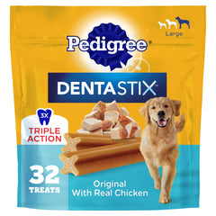 Pedigree empaque frontal mostrando 32 unidades y beneficio dental