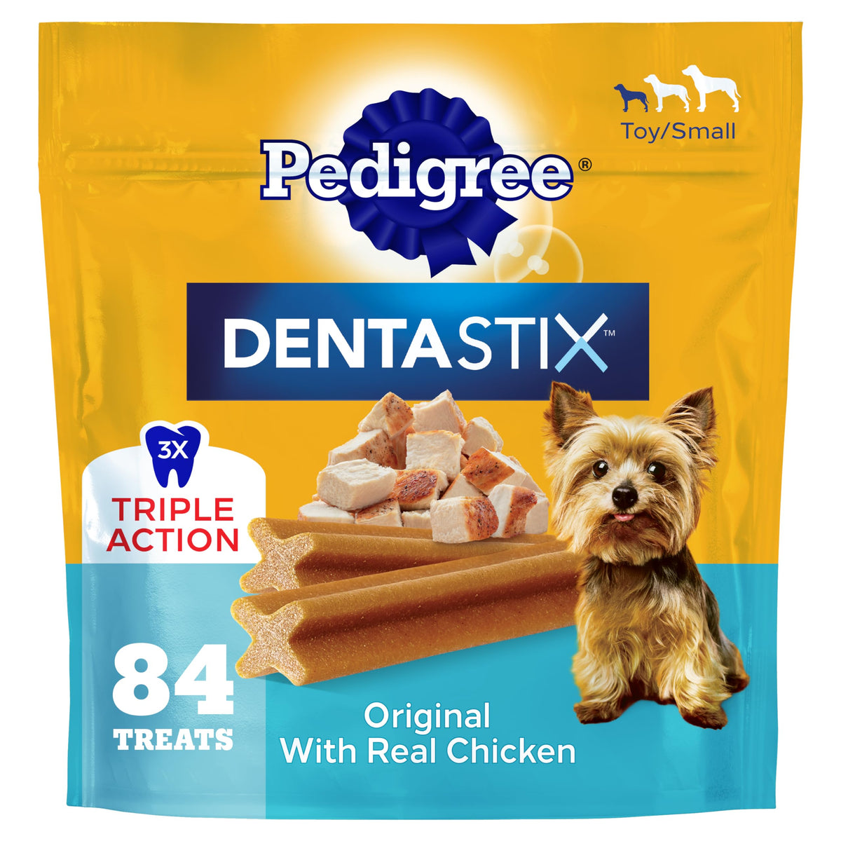 Pedigree Dentastix paquete frontal, visual claro y atractivo del envase