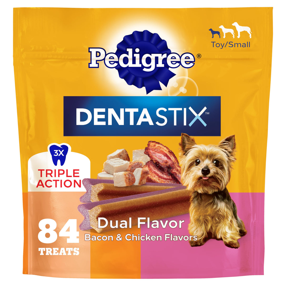 Pedigree Dentastix paquete frontal mostrando 84 unidades y beneficios dentales