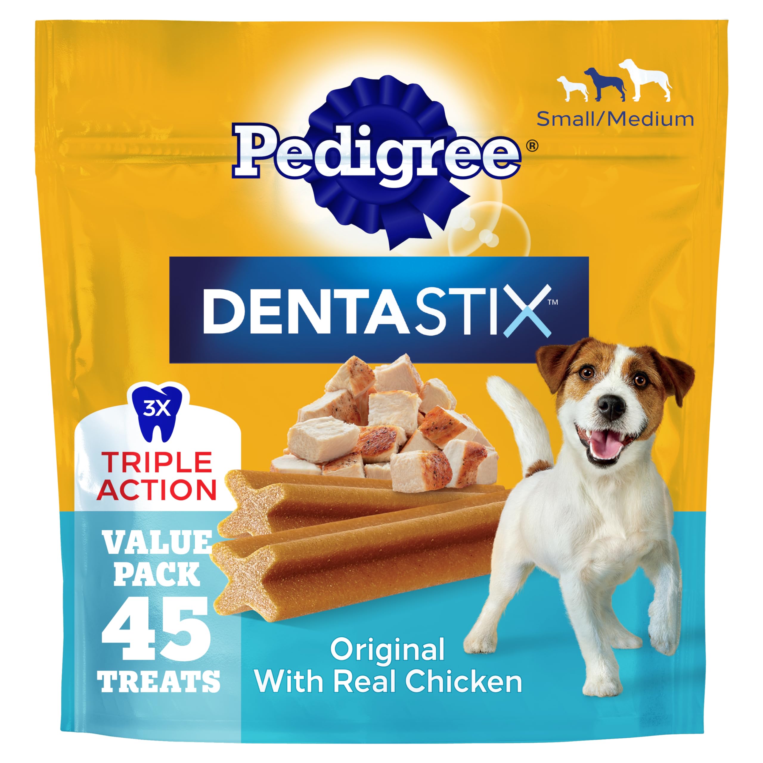 Pedigree Dentastix paquete frontal mostrando 45 unidades y beneficios