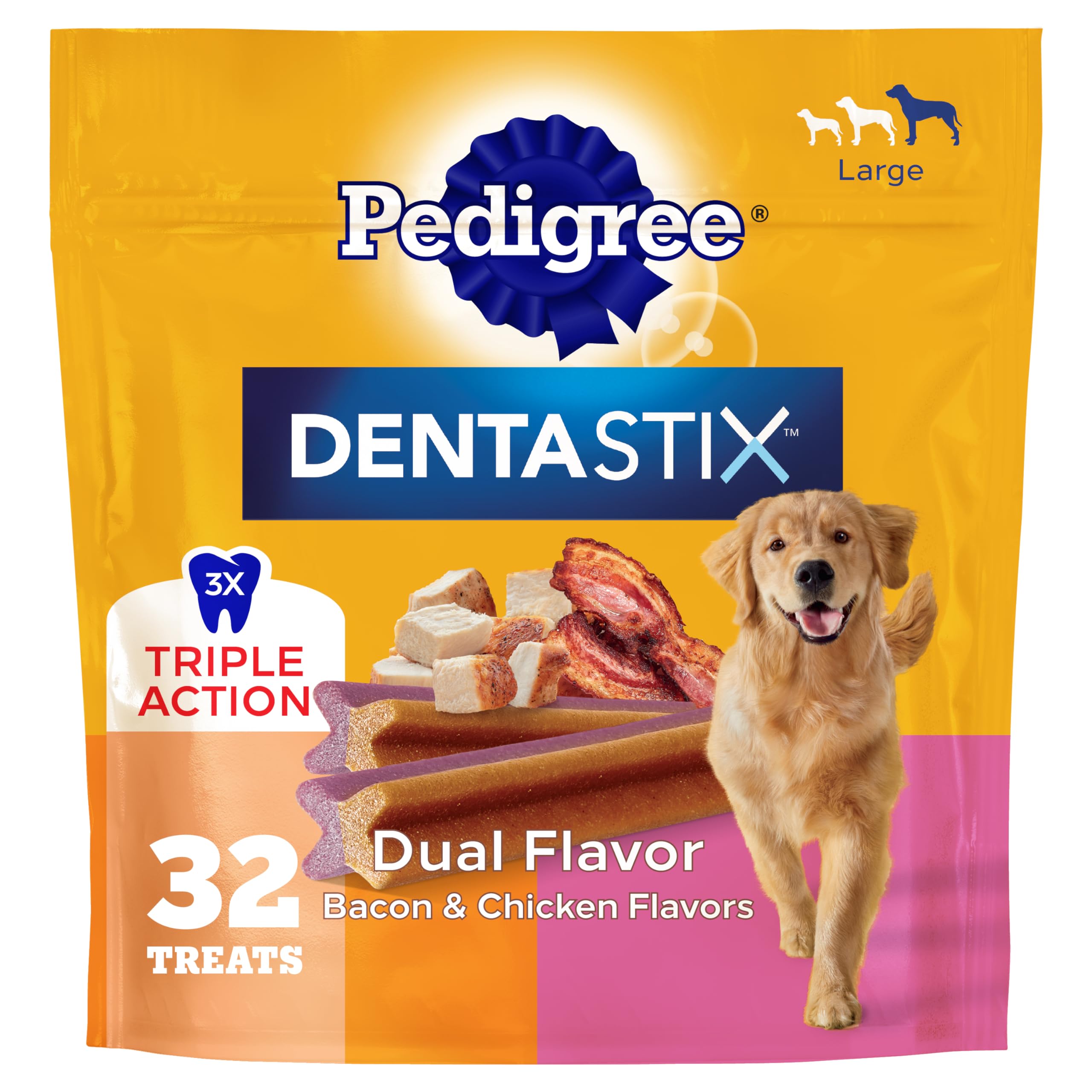 Pedigree paquete frontal mostrando 32 unidades y beneficios dentales
