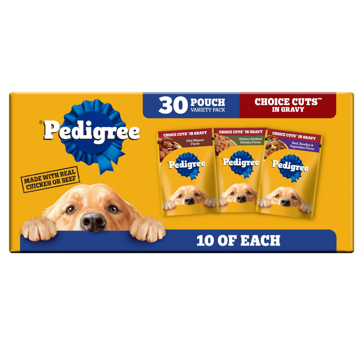 Pedigree front packaging showing Choice Cuts pouches and benefits