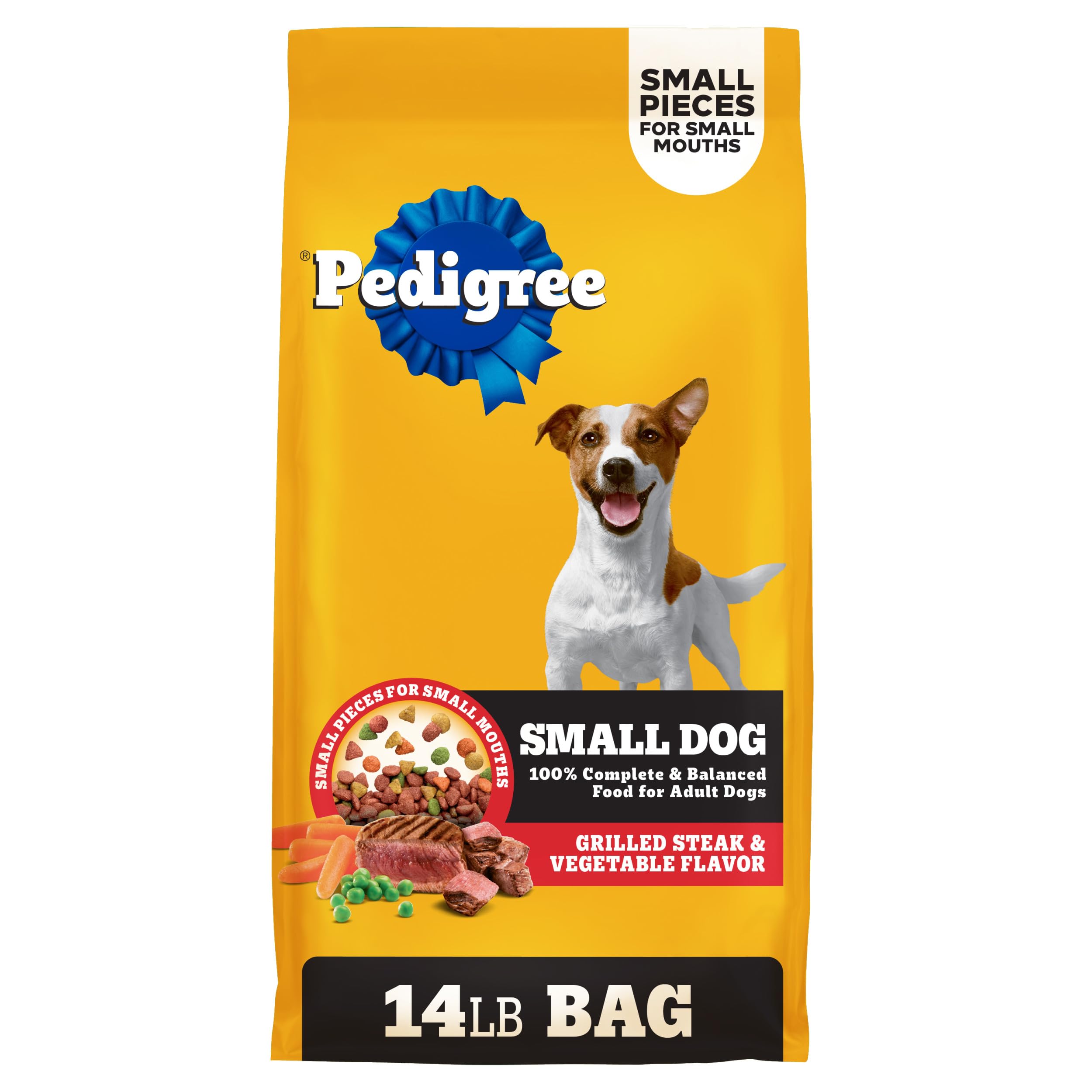 Pedigree frontal del empaque con sabor carne asada y vegetales, muestra información clara